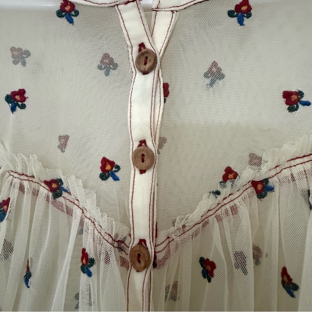 Free People Folklore Frock Dress XS Cream Sheer Embroidered Floral Boho Babydoll - Picture 5 of 8